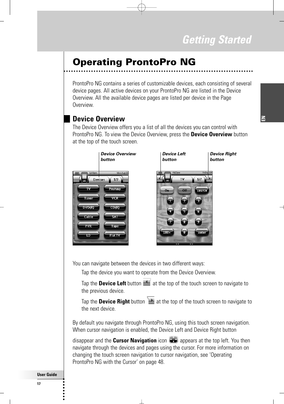 Getting started, Operating prontopro ng, Device overview | Philips TSU 7500 User Manual | Page 17 / 70