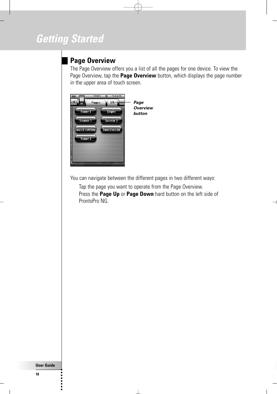 Getting started, Page overview | Philips TSU 7500 User Manual | Page 18 / 70