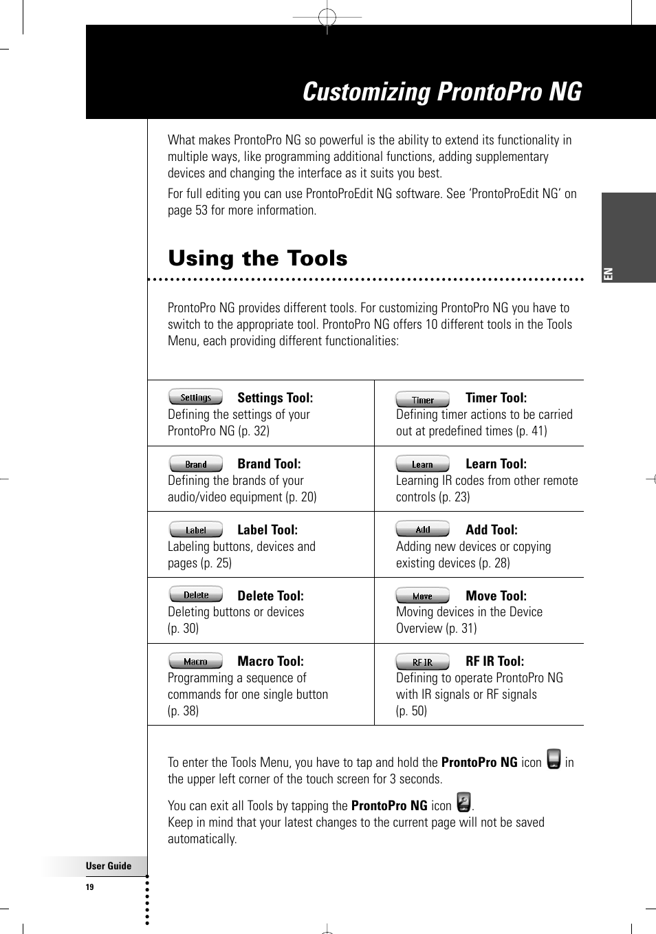 Customizing prontopro ng, Using the tools | Philips TSU 7500 User Manual | Page 19 / 70