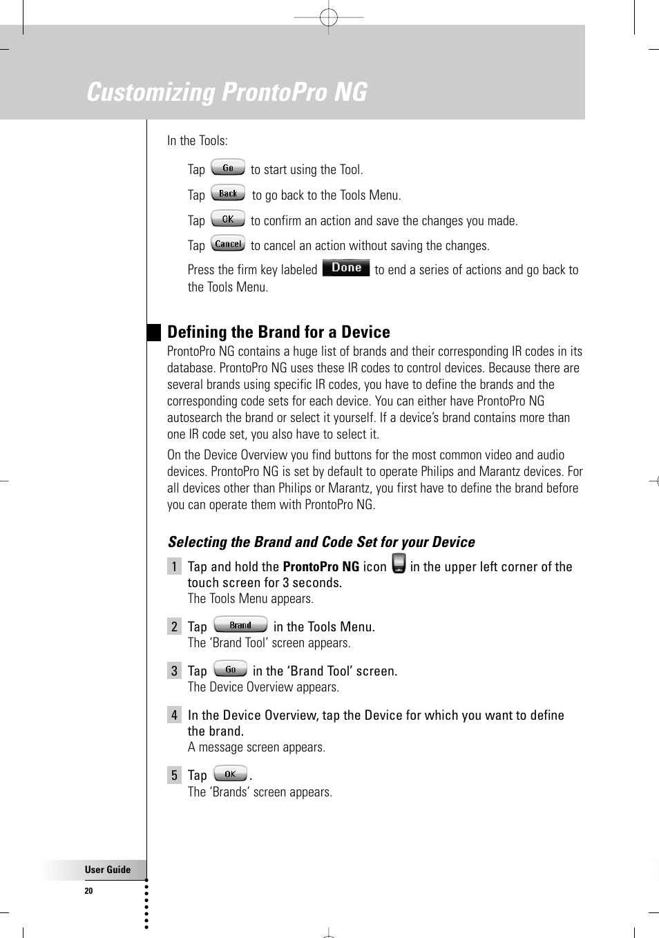 Customizing prontopro ng, Defining the brand for a device | Philips TSU 7500 User Manual | Page 20 / 70