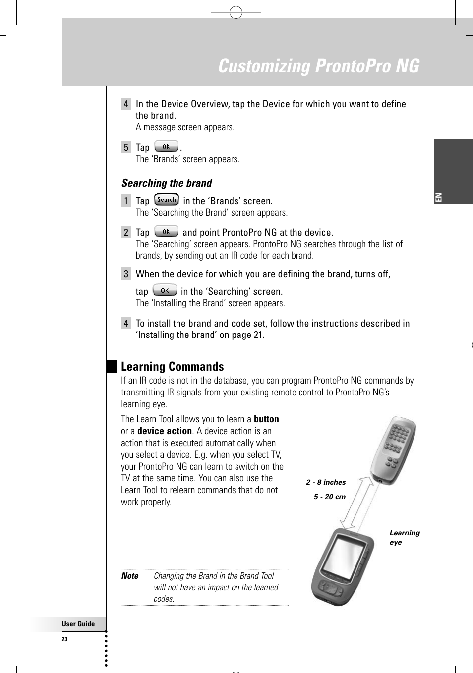 Customizing prontopro ng, Learning commands | Philips TSU 7500 User Manual | Page 23 / 70