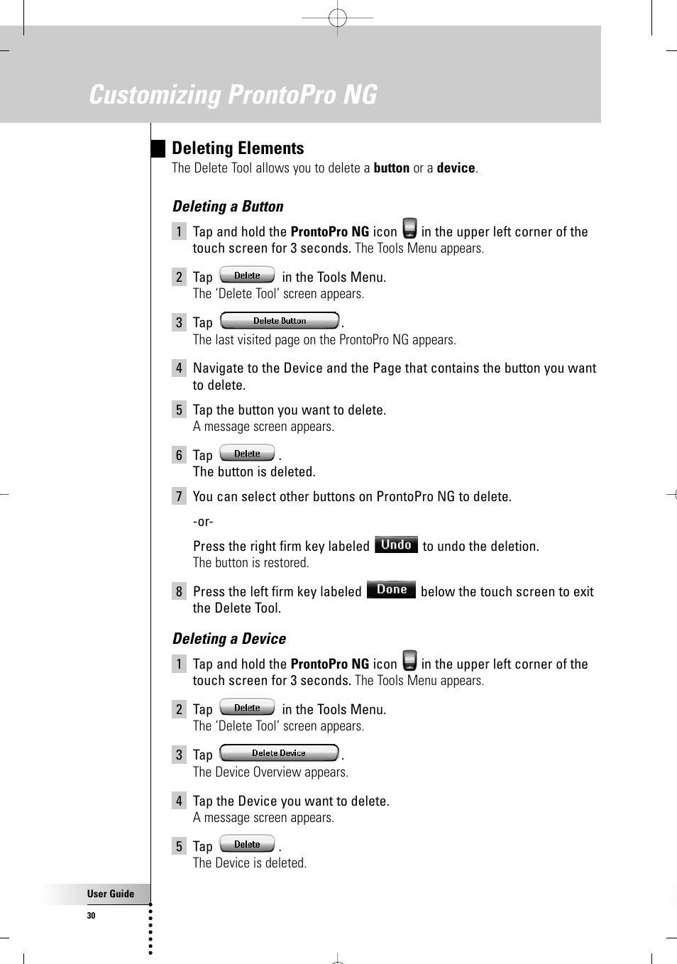 Customizing prontopro ng, Deleting elements | Philips TSU 7500 User Manual | Page 30 / 70