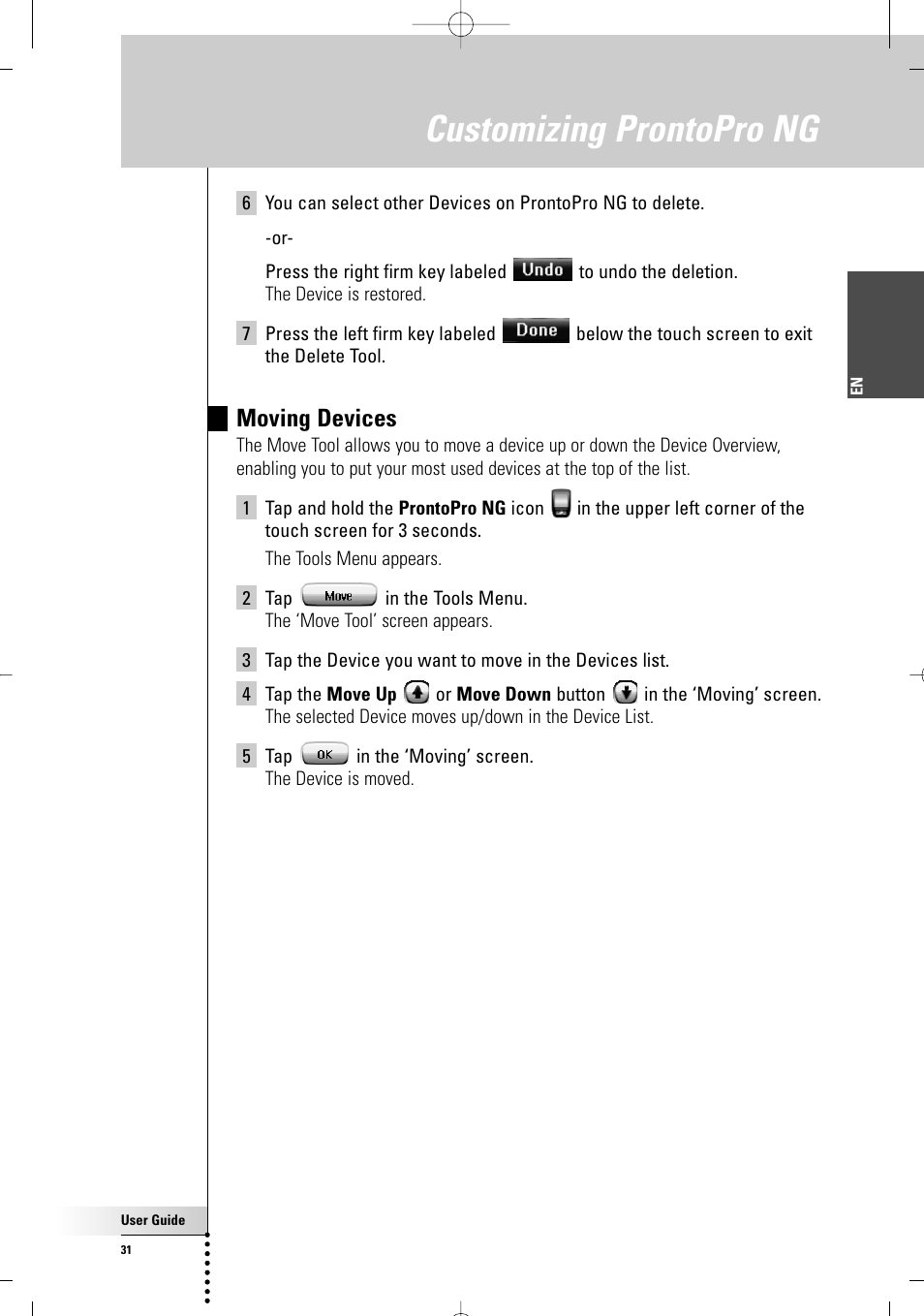 Customizing prontopro ng, Moving devices | Philips TSU 7500 User Manual | Page 31 / 70