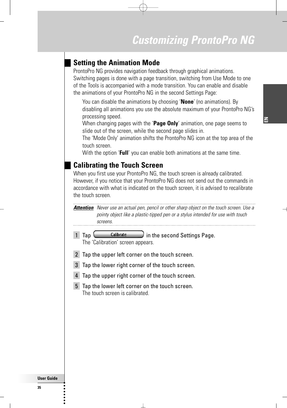 Customizing prontopro ng, Setting the animation mode, Calibrating the touch screen | Philips TSU 7500 User Manual | Page 35 / 70