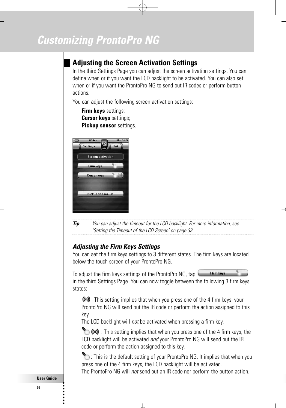 Customizing prontopro ng, Adjusting the screen activation settings, Adjusting the firm keys settings | Philips TSU 7500 User Manual | Page 36 / 70