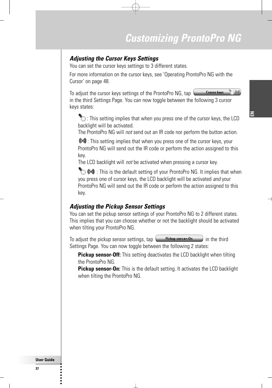Customizing prontopro ng, Adjusting the cursor keys settings, Adjusting the pickup sensor settings | Philips TSU 7500 User Manual | Page 37 / 70