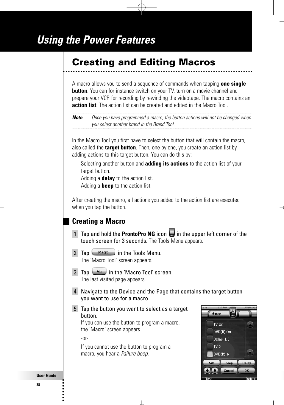 Using the power features, Creating and editing macros, Creating a macro | Philips TSU 7500 User Manual | Page 38 / 70