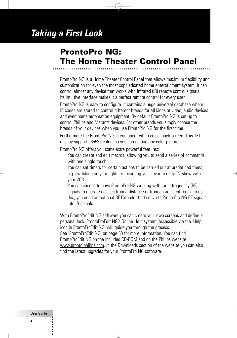 Taking a first look, Prontopro ng: the home theater control panel | Philips TSU 7500 User Manual | Page 4 / 70