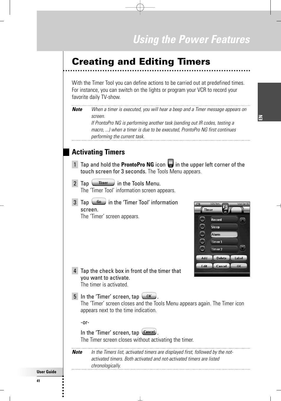 Using the power features, Creating and editing timers, Activating timers | Philips TSU 7500 User Manual | Page 41 / 70