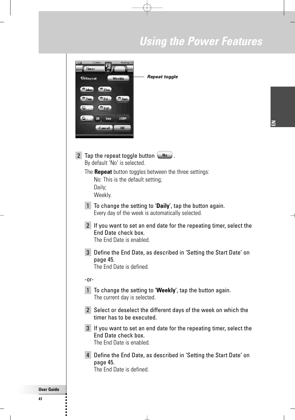 Using the power features | Philips TSU 7500 User Manual | Page 47 / 70