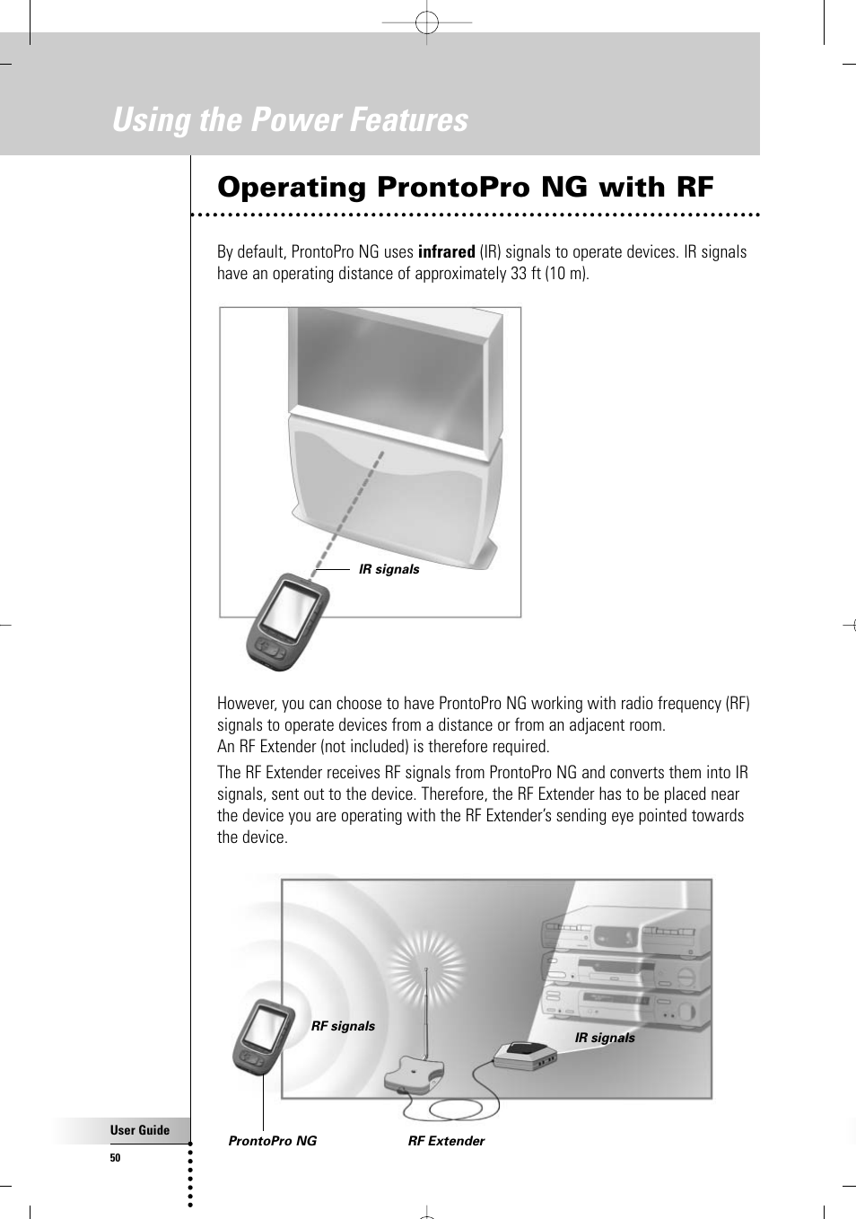 Using the power features, Operating prontopro ng with rf | Philips TSU 7500 User Manual | Page 50 / 70