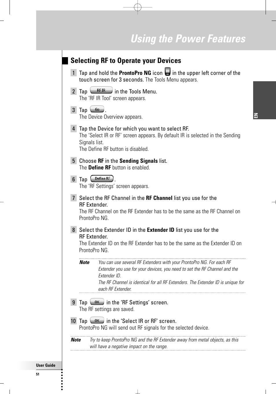 Using the power features, Selecting rf to operate your devices | Philips TSU 7500 User Manual | Page 51 / 70