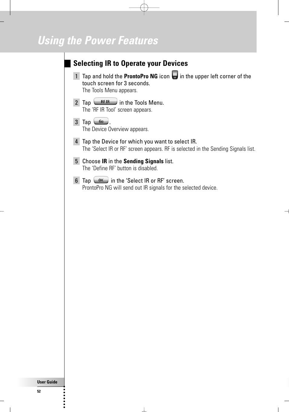 Using the power features, Selecting ir to operate your devices | Philips TSU 7500 User Manual | Page 52 / 70