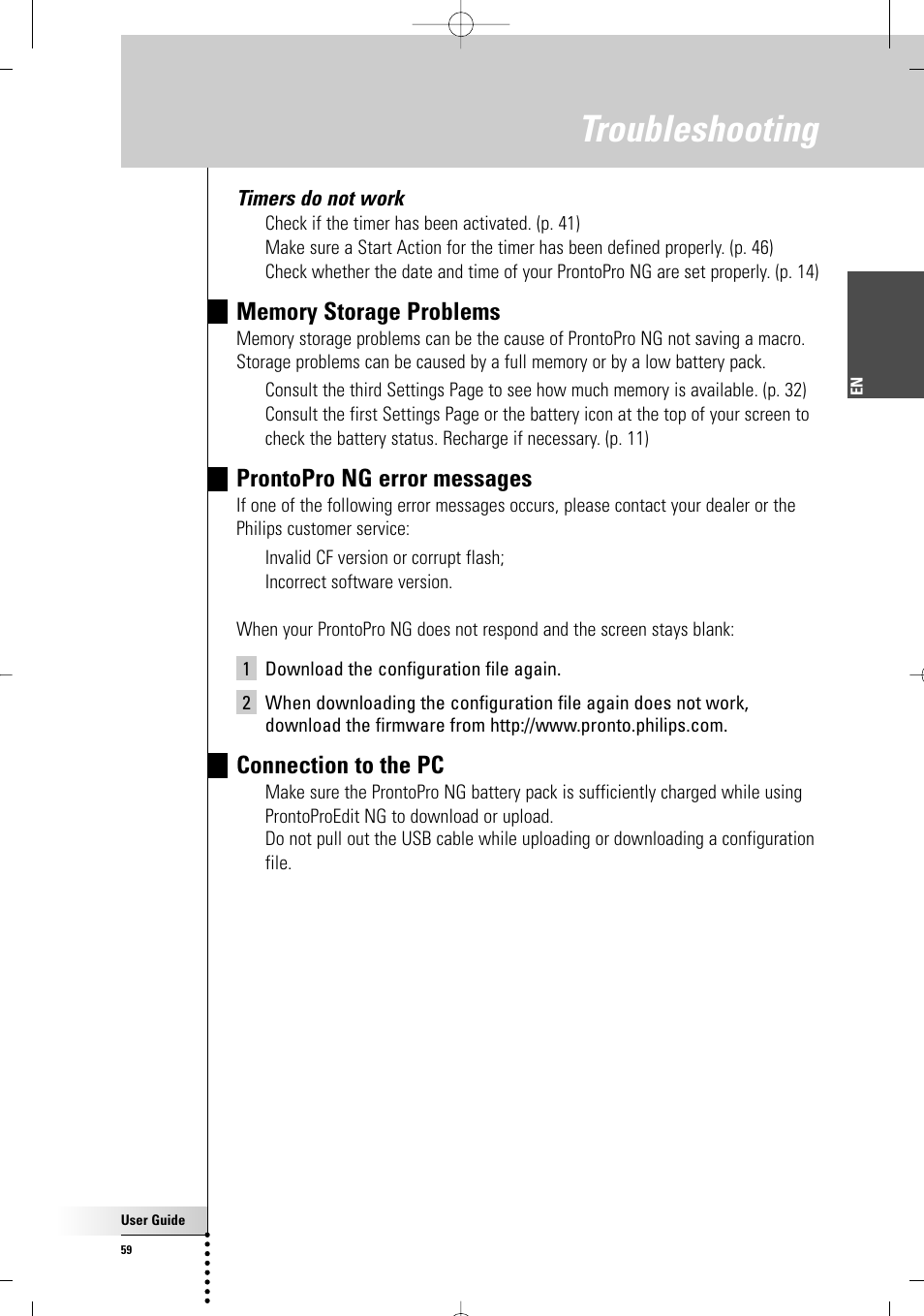 Troubleshooting, Prontopro ng error messages, Connection to the pc | Timers do not work | Philips TSU 7500 User Manual | Page 59 / 70