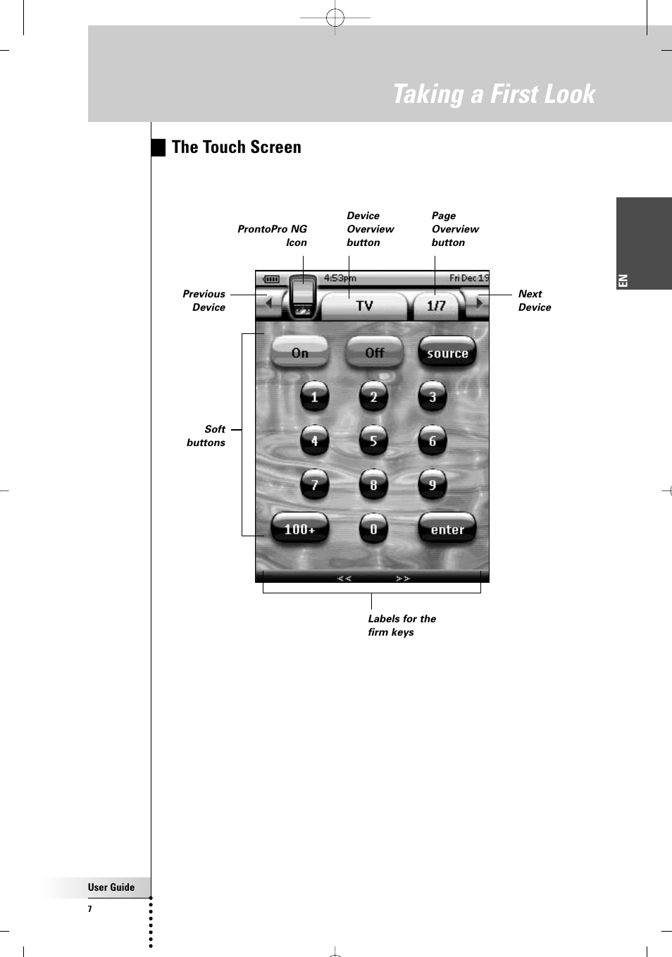 Taking a first look, The touch screen | Philips TSU 7500 User Manual | Page 7 / 70