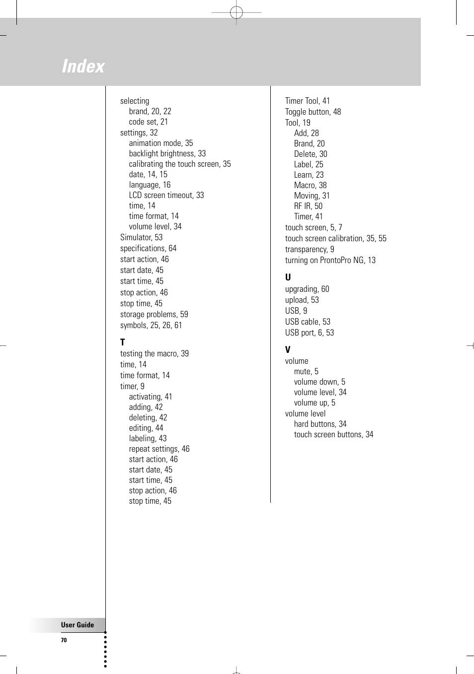 Index | Philips TSU 7500 User Manual | Page 70 / 70