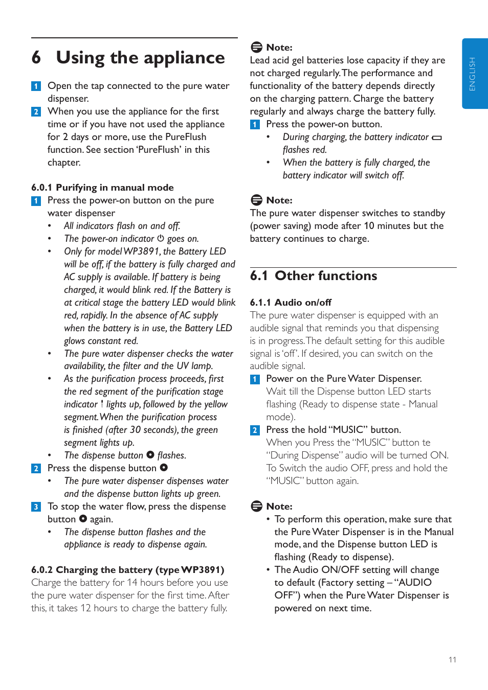 4 replacing the filter, 6 using the appliance, 1 other functions | Philips WP3891 User Manual | Page 11 / 60