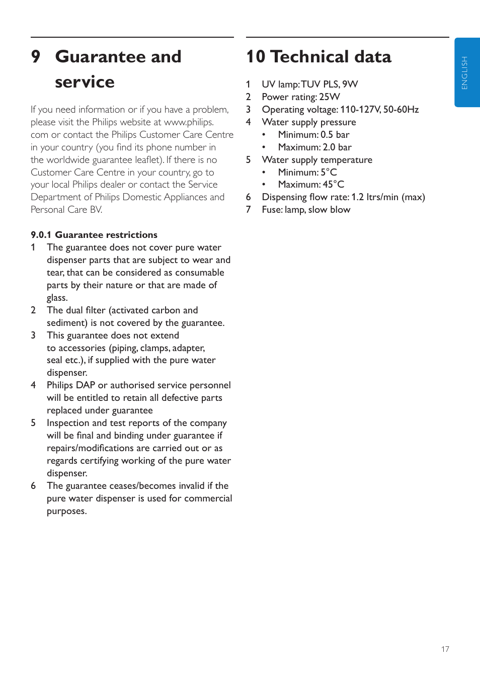 9 guarantee and service, 10 technical data | Philips WP3891 User Manual | Page 17 / 60