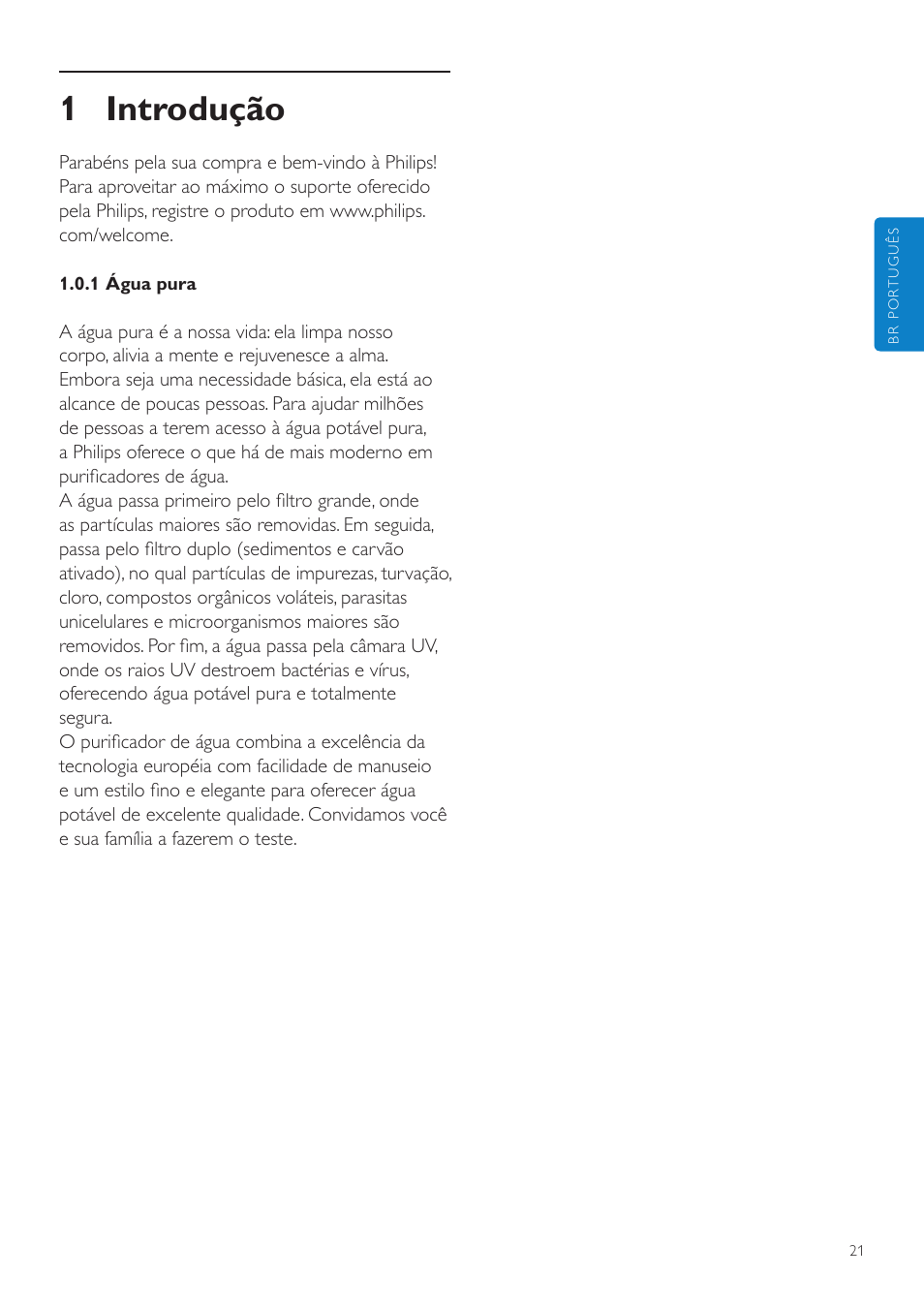 3 cuidado, 2 aviso, 1 perigo | 1 água pura, Português do brasil, 1 introdução, 2 descrição geral, 3 importante | Philips WP3891 User Manual | Page 21 / 60