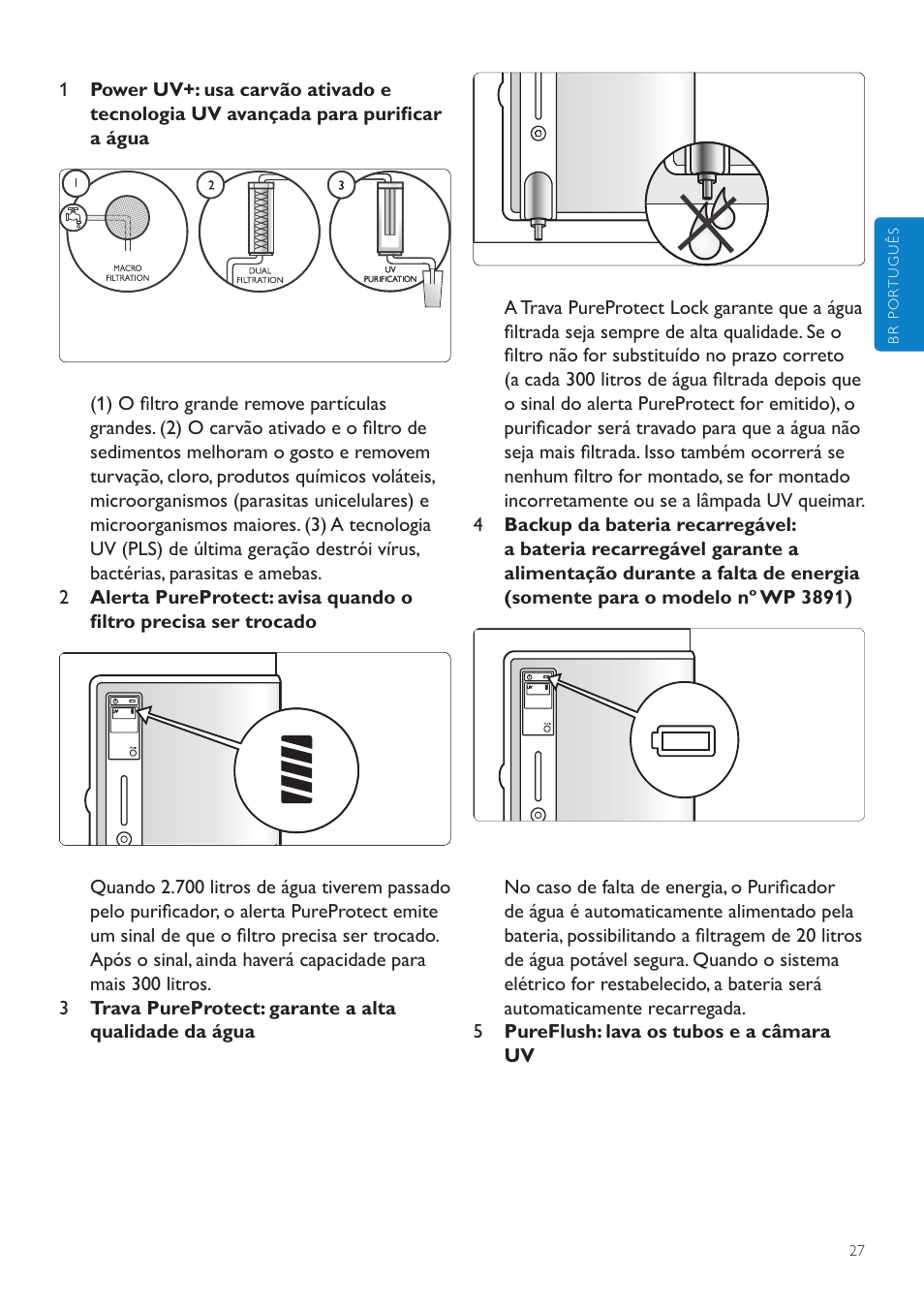 1 purificação no modo manual, 2 carregamento da bateria (modelo wp3891), 1 outras funções | 1 áudio liga/desliga | Philips WP3891 User Manual | Page 27 / 60