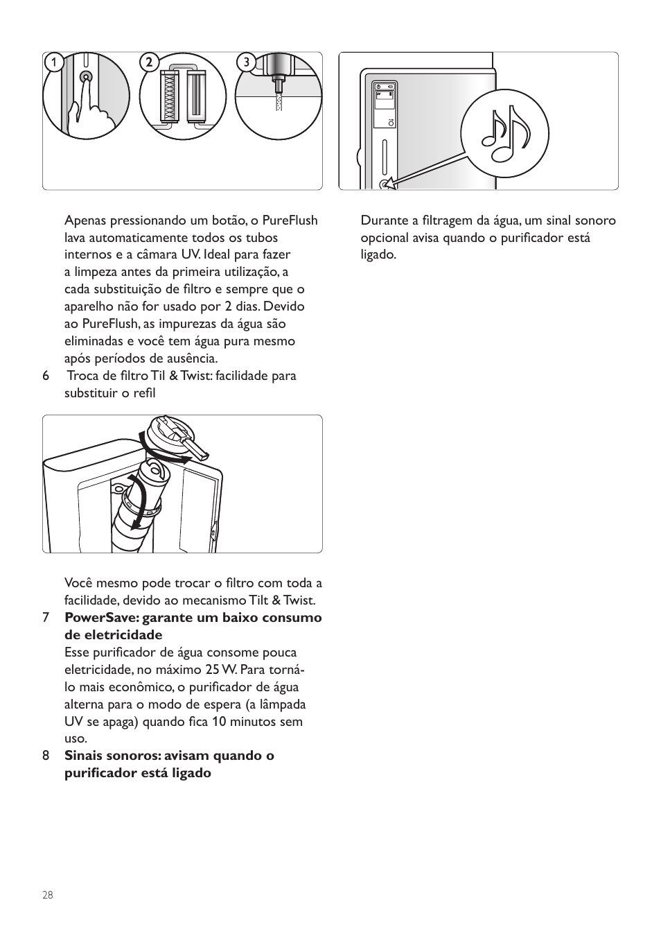 2 pureflush, 1 limpeza do purificador de água, 2 limpeza do filtro grande | 3 limpeza do tubo de quartzo, 7 limpeza e manutenção | Philips WP3891 User Manual | Page 28 / 60