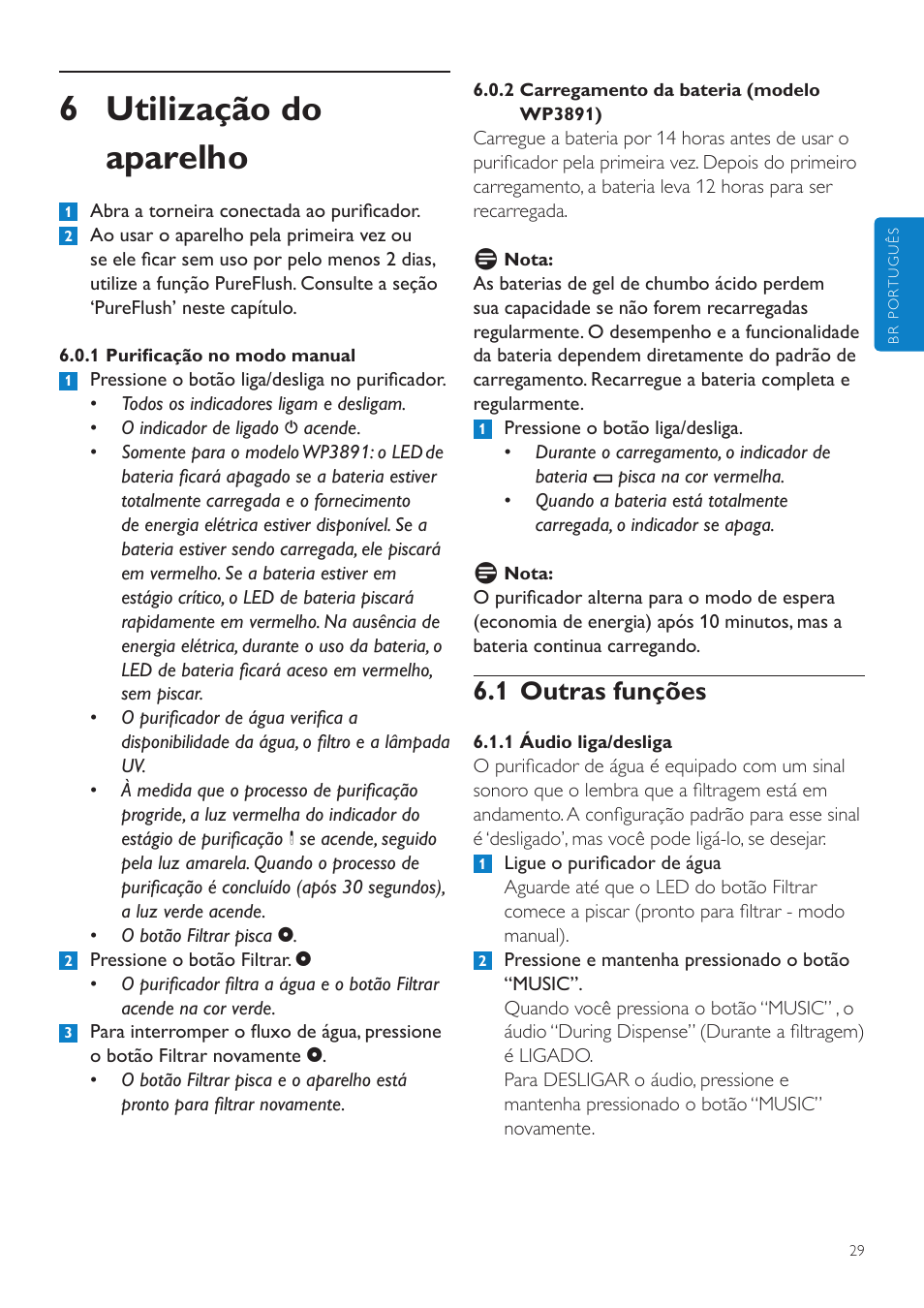 4 substituição do refil, 6 utilização do aparelho, 1 outras funções | Philips WP3891 User Manual | Page 29 / 60