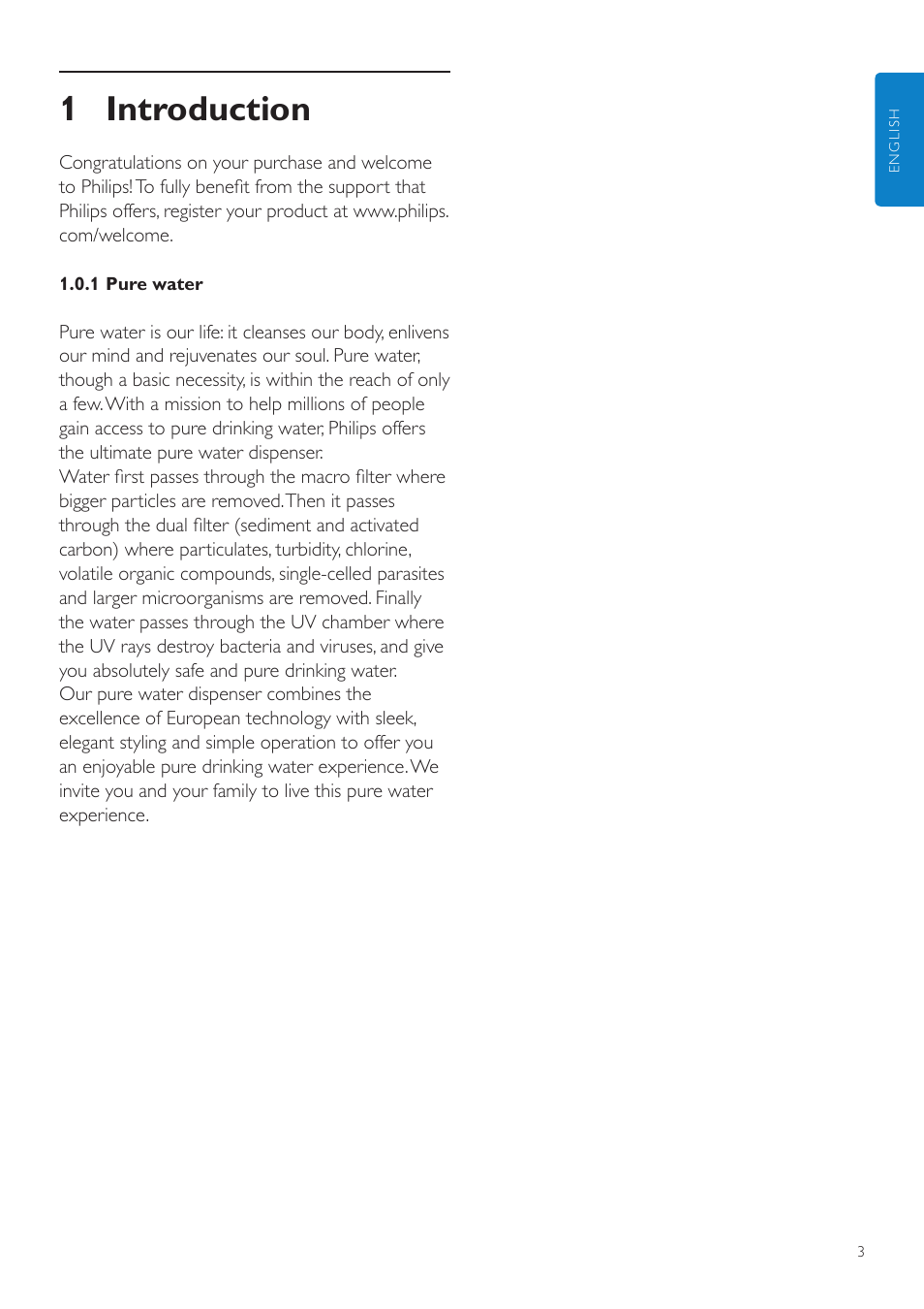 English, 1 introduction, 1 pure water | 2 general description, 3 important, 1 danger, 2 warning, 3 caution | Philips WP3891 User Manual | Page 3 / 60
