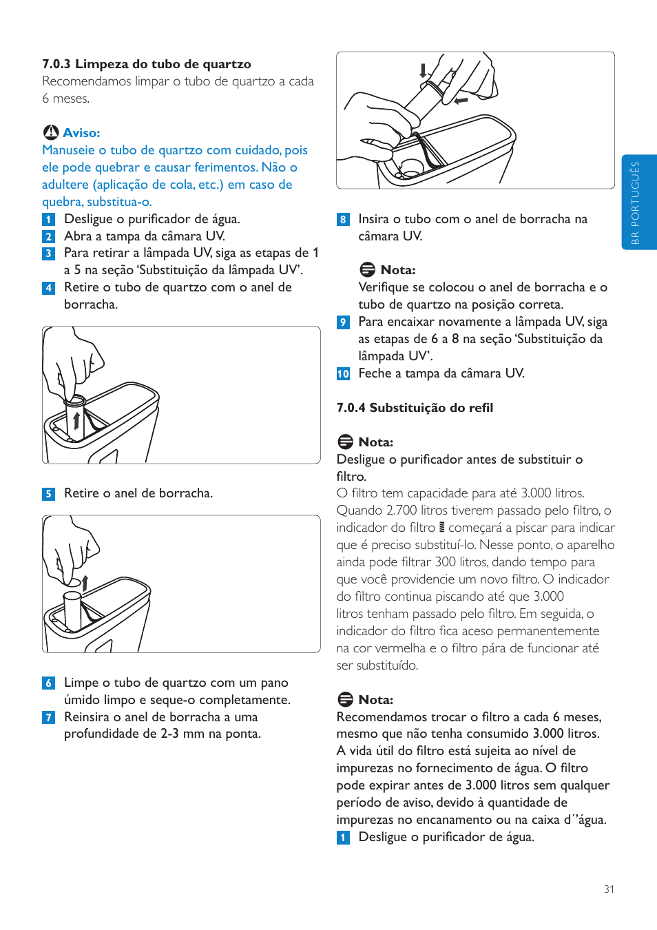 6 substituição da lâmpada uv, 7 itens de reposição, 8 descarte | Philips WP3891 User Manual | Page 31 / 60