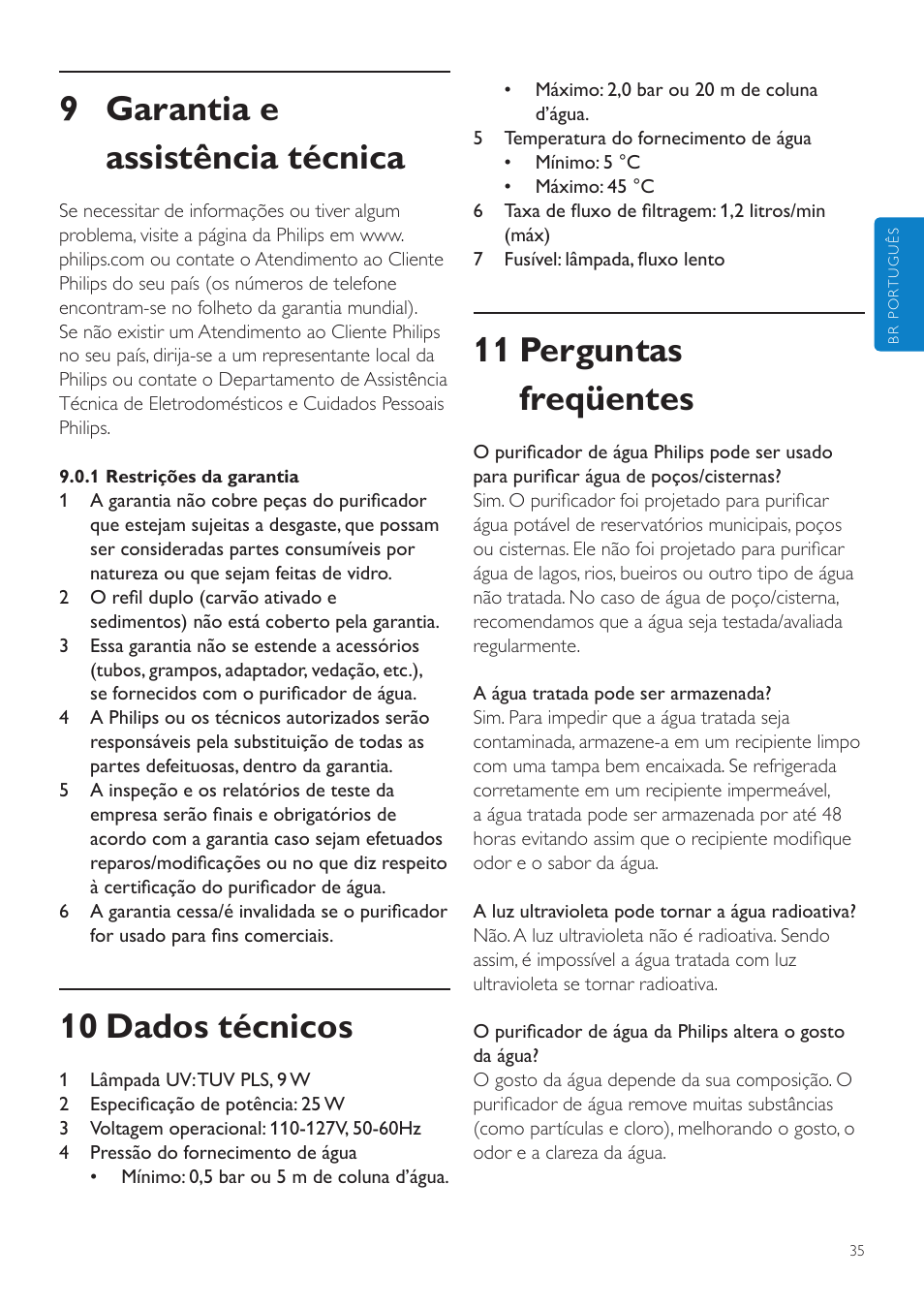 9 garantia e assistência técnica, 10 dados técnicos, 11 perguntas freqüentes | Philips WP3891 User Manual | Page 35 / 60