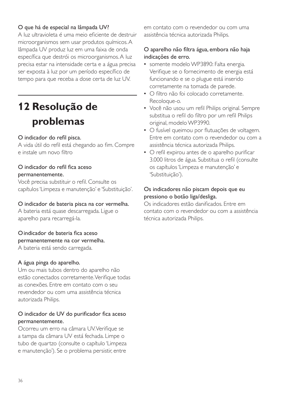 12 resolução de problemas | Philips WP3891 User Manual | Page 36 / 60