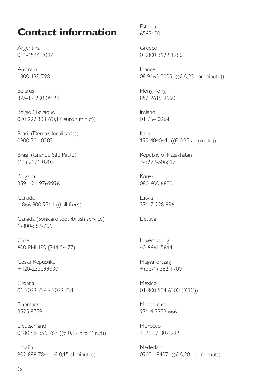 Contact info, Contact information | Philips WP3891 User Manual | Page 56 / 60