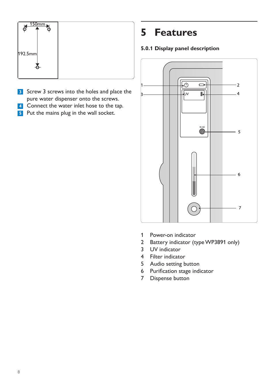 1 purifying in manual mode, 6 using the appliance, 5 features | Philips WP3891 User Manual | Page 8 / 60