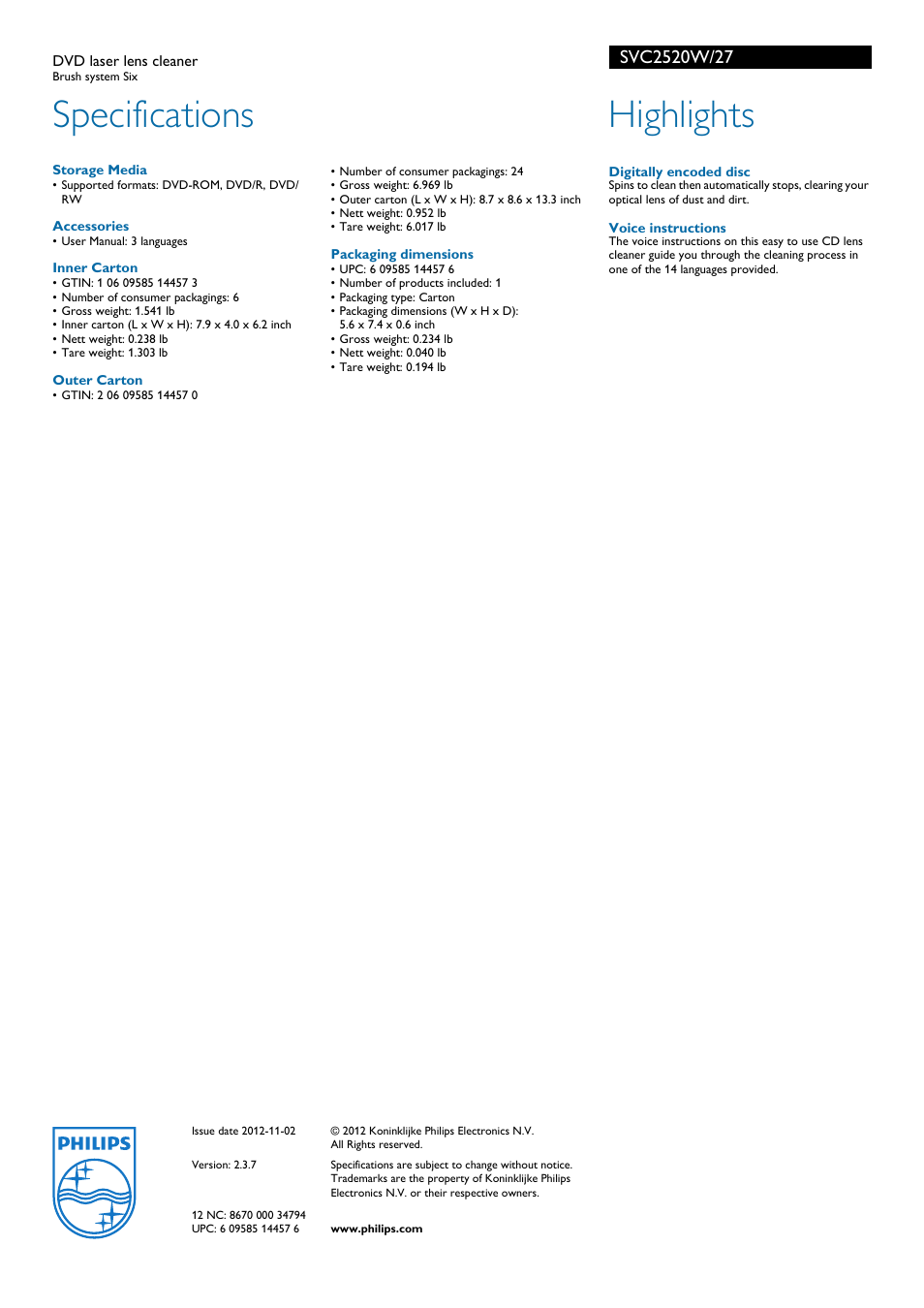 Specifications, Highlights | Philips SVC2520W User Manual | Page 2 / 2