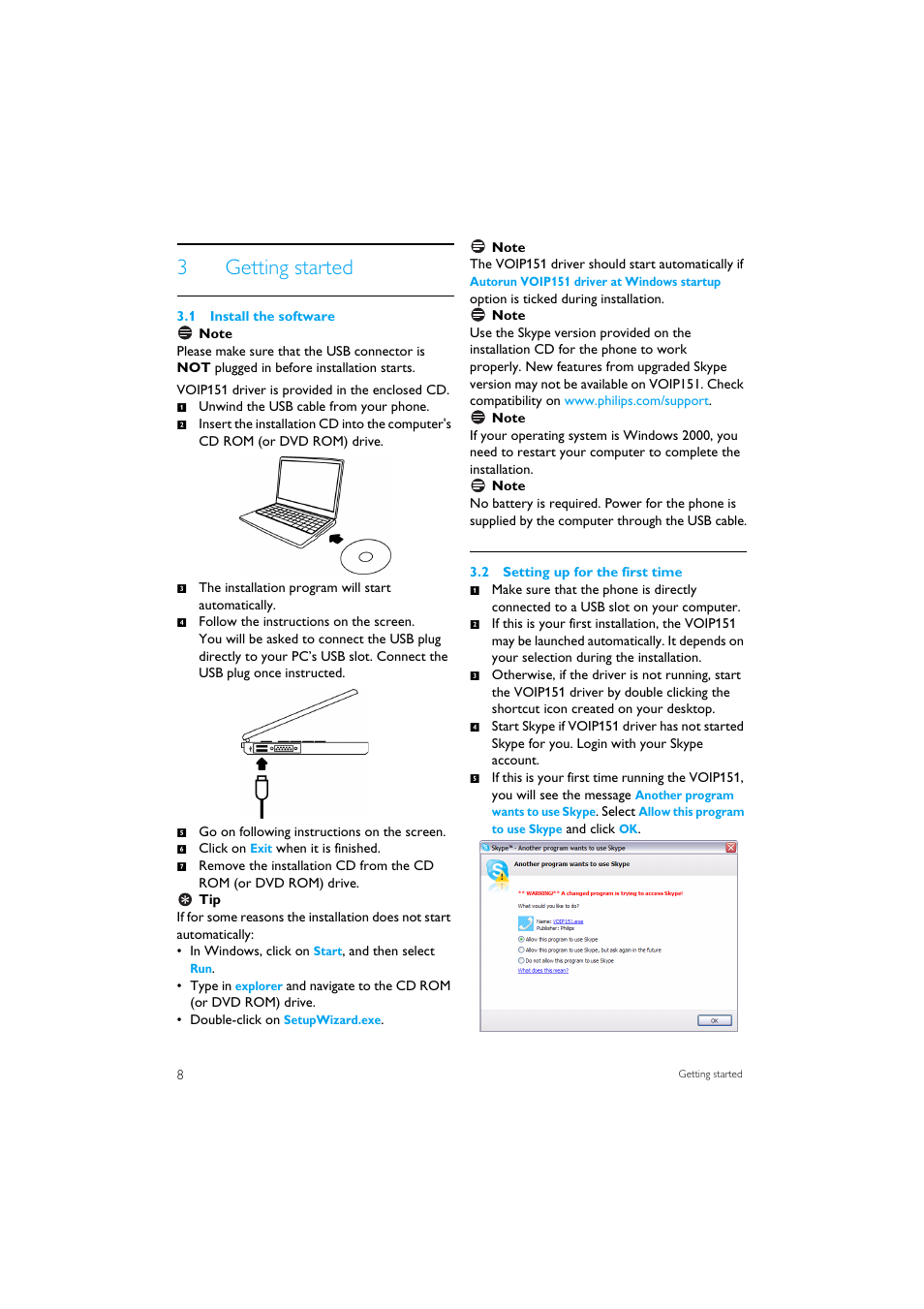 3 getting started, 1 install the software, 2 setting up for the first time | 3getting started | Philips VOIP151 User Manual | Page 10 / 26