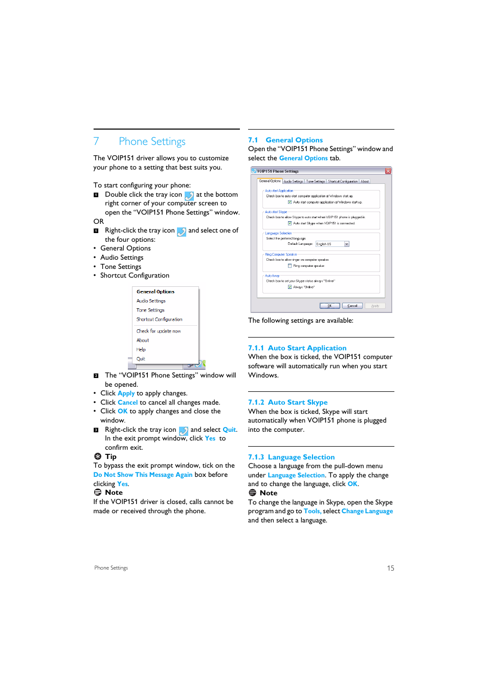 7 phone settings, 1 general options, 7phone settings | Philips VOIP151 User Manual | Page 17 / 26