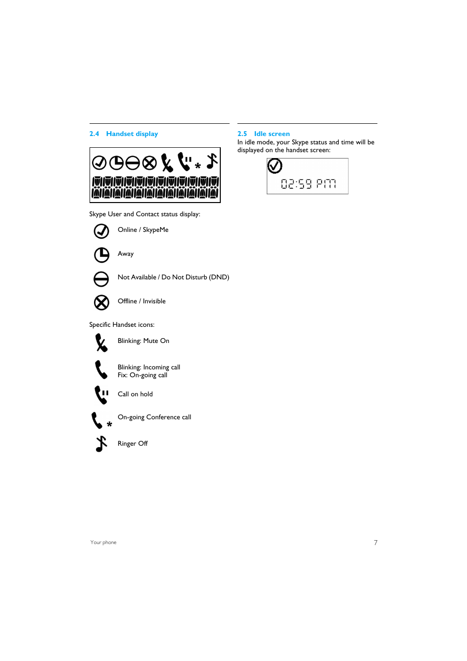 4 handset display, 5 idle screen | Philips VOIP151 User Manual | Page 9 / 26