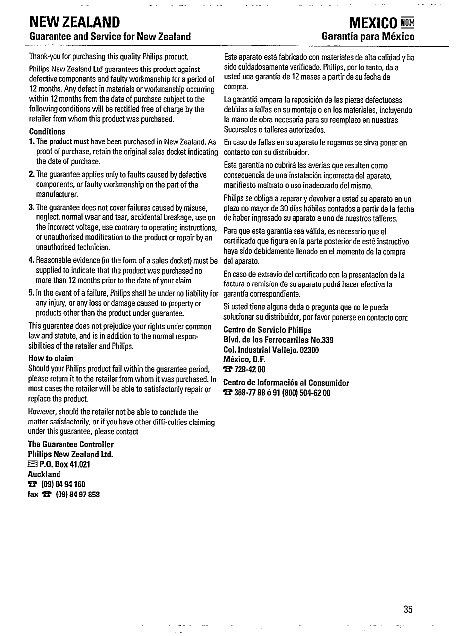 New zealand, Mexico nom, Guarantee and service for new zealand | Garantía para méxico | Philips AW 7850/14 User Manual | Page 10 / 13