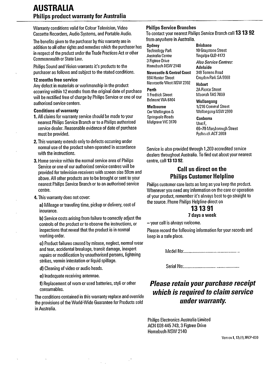 Australia, Philips product warranty for australia, Call us direct on the philips customer helpline | Nearest, An authorised service, Keep the | Philips AW 7850/14 User Manual | Page 9 / 13