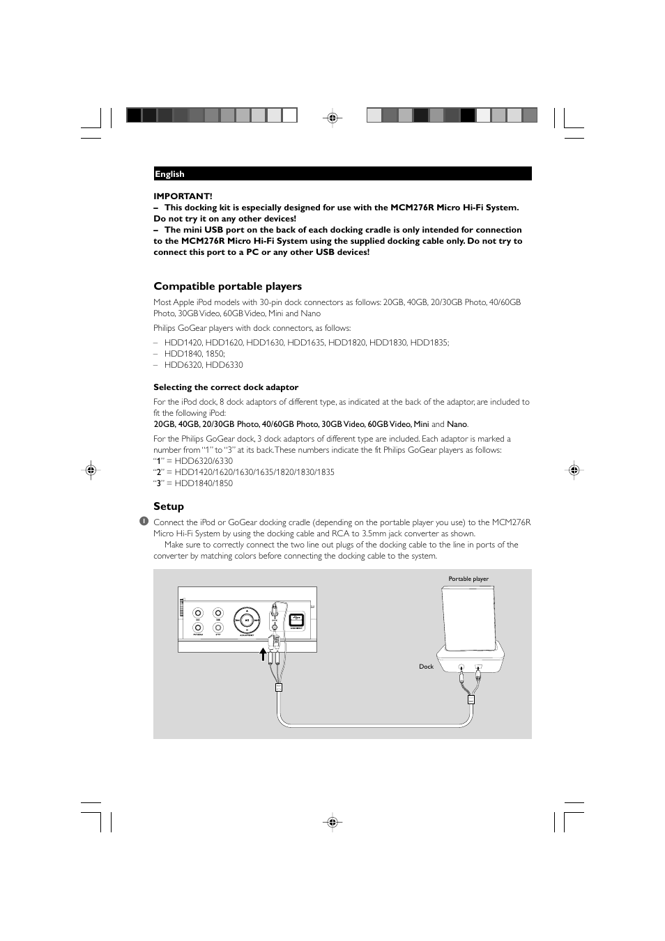 Compatible portable players, Setup 1 | Philips GoGear DC276 User Manual | Page 5 / 9