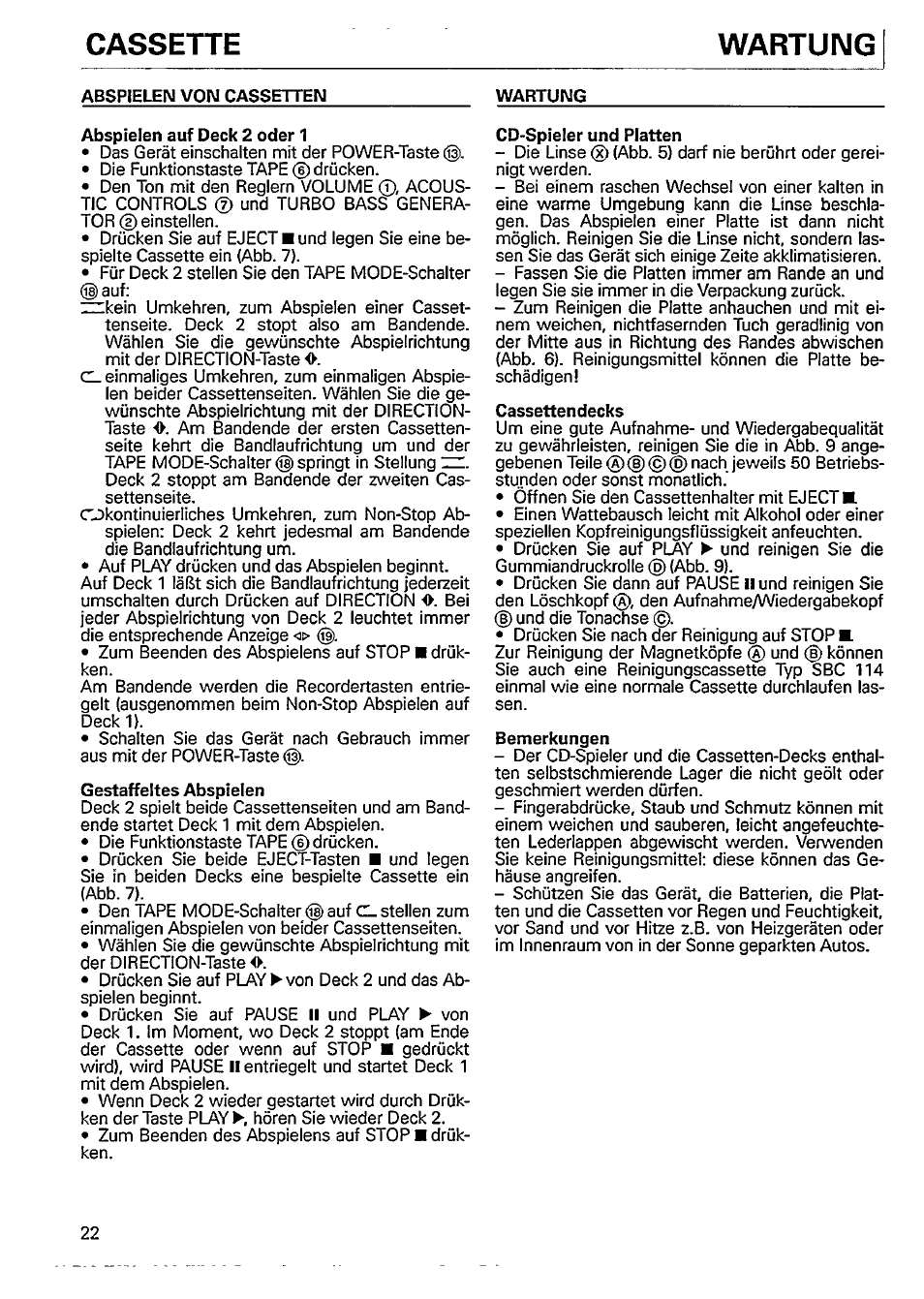 Cassette, Abspielen von cassetten, Wartung | Cd-spieler und platten, Cassettendecks, Bemerkungen, Cassette wartung | Philips AZ8404 User Manual | Page 10 / 14