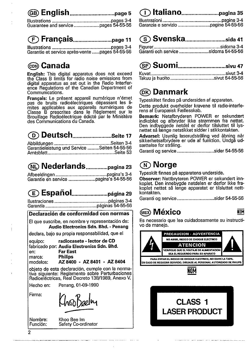 English, Français, 0) canada | Deutsch, Italiano, D svenska, Suomi, Danmark, Nederlands.............. pagina 23 (e)norge, Español | Philips AZ8404 User Manual | Page 2 / 14