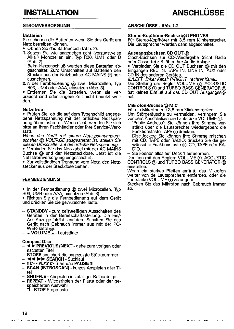 Stromversorgung, Anschlüsse - abb. 1-2, Batterien | Netzstrom, Fernbedienung, Stereo-kopfhörer-buchse @ o phones, Installation anschlüsse | Philips AZ8404 User Manual | Page 6 / 14