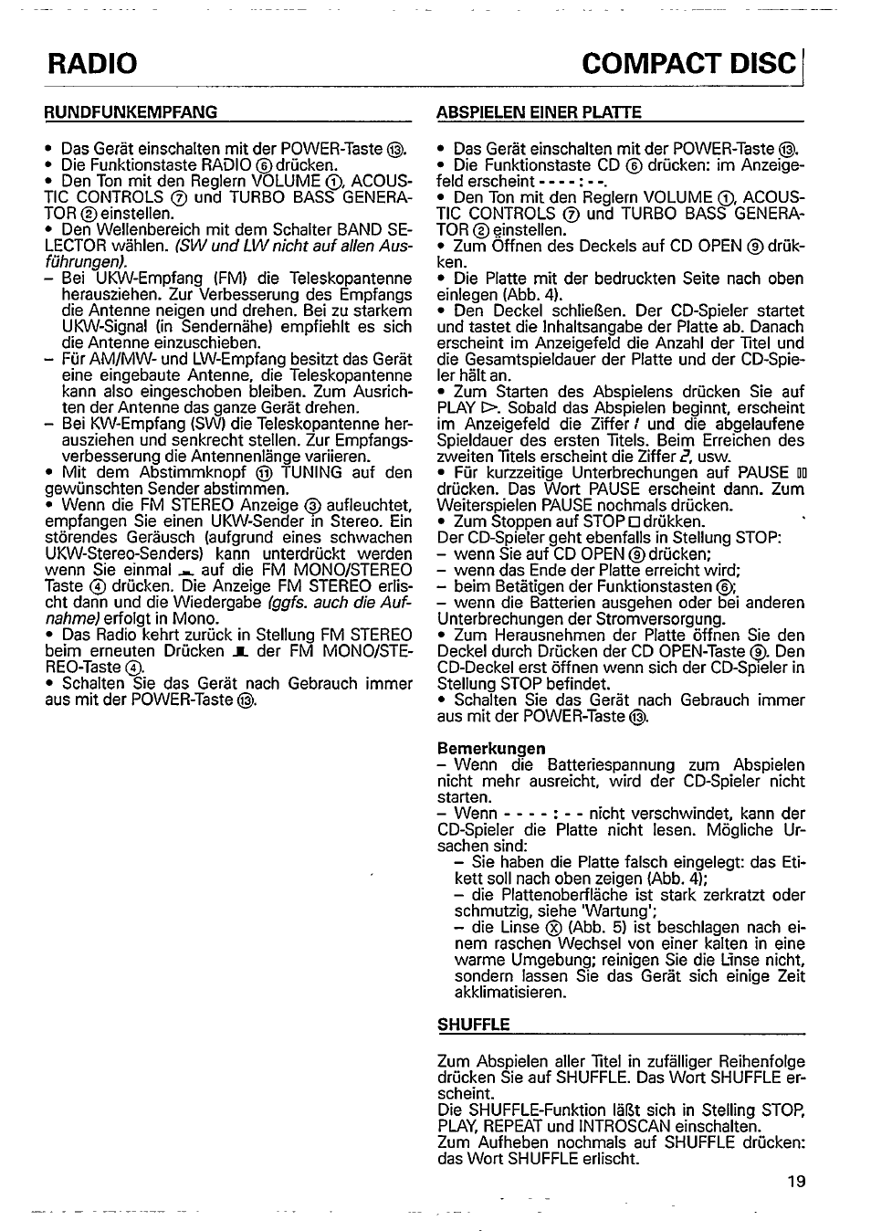 Compact disc, Rundfunkempfang, Abspielen einer platte | Bemerkungen, Shuffle, Radio compact disc | Philips AZ8404 User Manual | Page 7 / 14