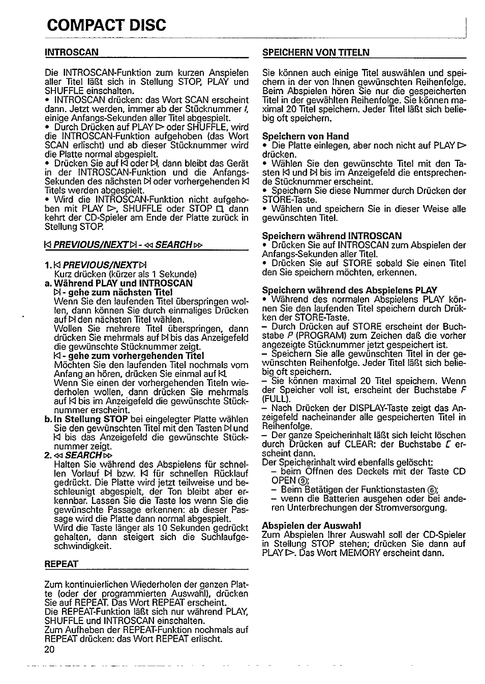 Compact disc, Speichern von titeln, Repeat | Speichern von hand, Speichern während introscan, Speichern während des abspielens play, Abspielen der auswahl | Philips AZ8404 User Manual | Page 8 / 14