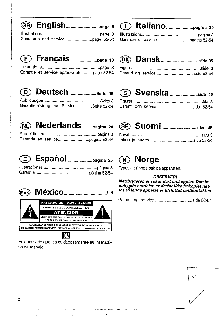 Ц) english, T) italiano, Ce) français | Dansk, Deutsch, Svenska, Nederlands, Suomi, Cd español, México | Philips CD 115 User Manual | Page 2 / 14