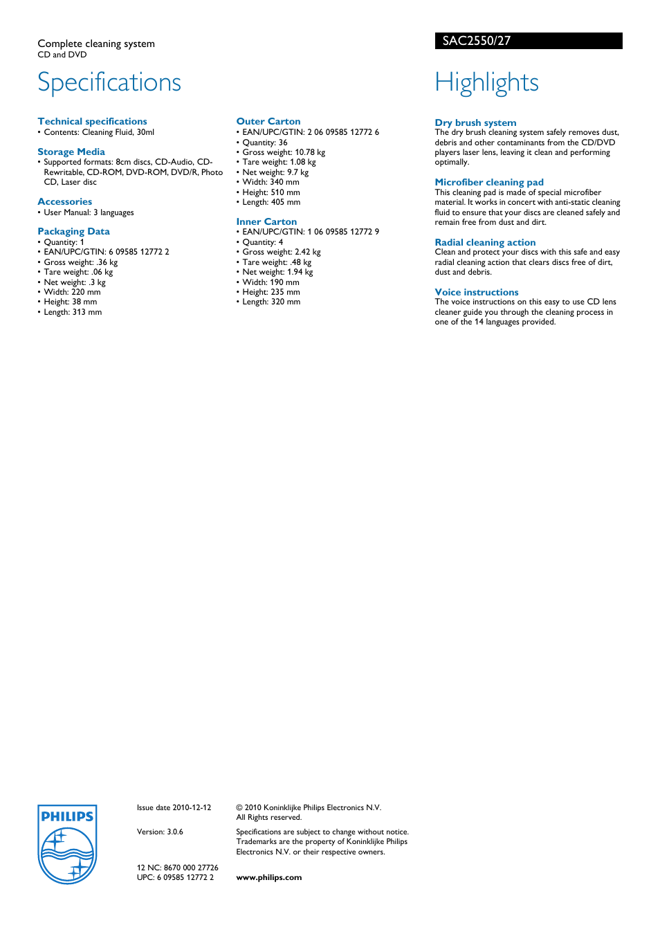 Specifications, Highlights | Philips SAC2550 User Manual | Page 2 / 2