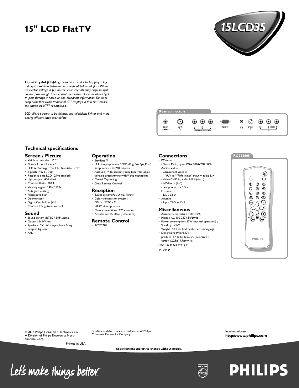 15lcd35, 15" lcd flattv, Technical specifications screen / picture | Sound, Operation, Reception, Remote control, Connections, Miscellaneous | Philips 15LCD35 User Manual | Page 2 / 2