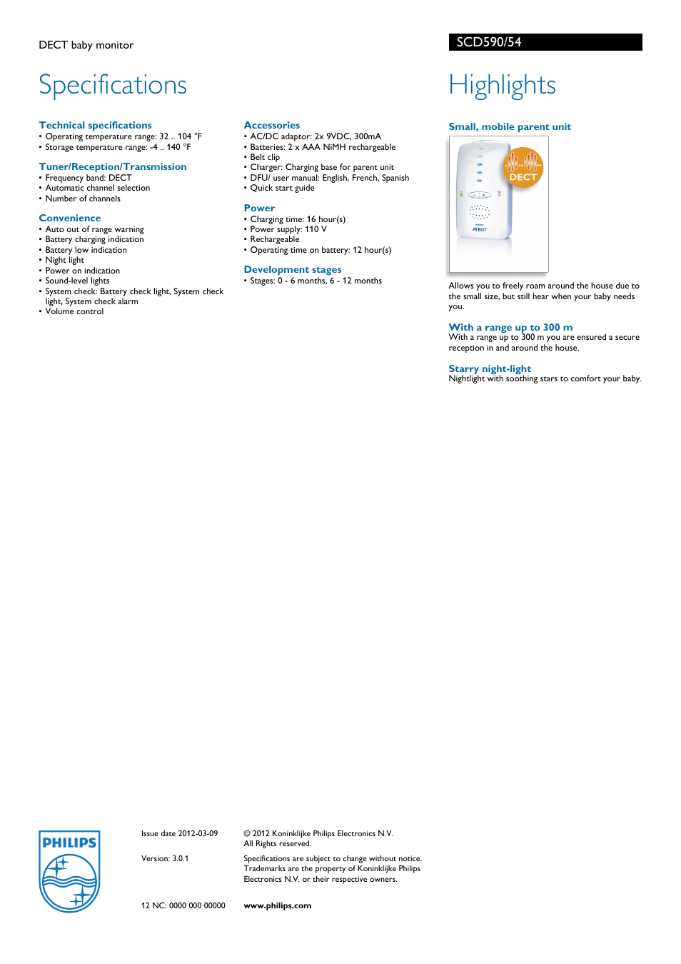 Specifications, Highlights | Philips SCD590 User Manual | Page 2 / 2