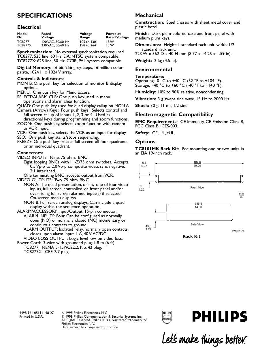 Specifications, Electrical, Mechanical | Environmental, Electromagnetic compatibility, Options | Philips TC8277 User Manual | Page 2 / 2