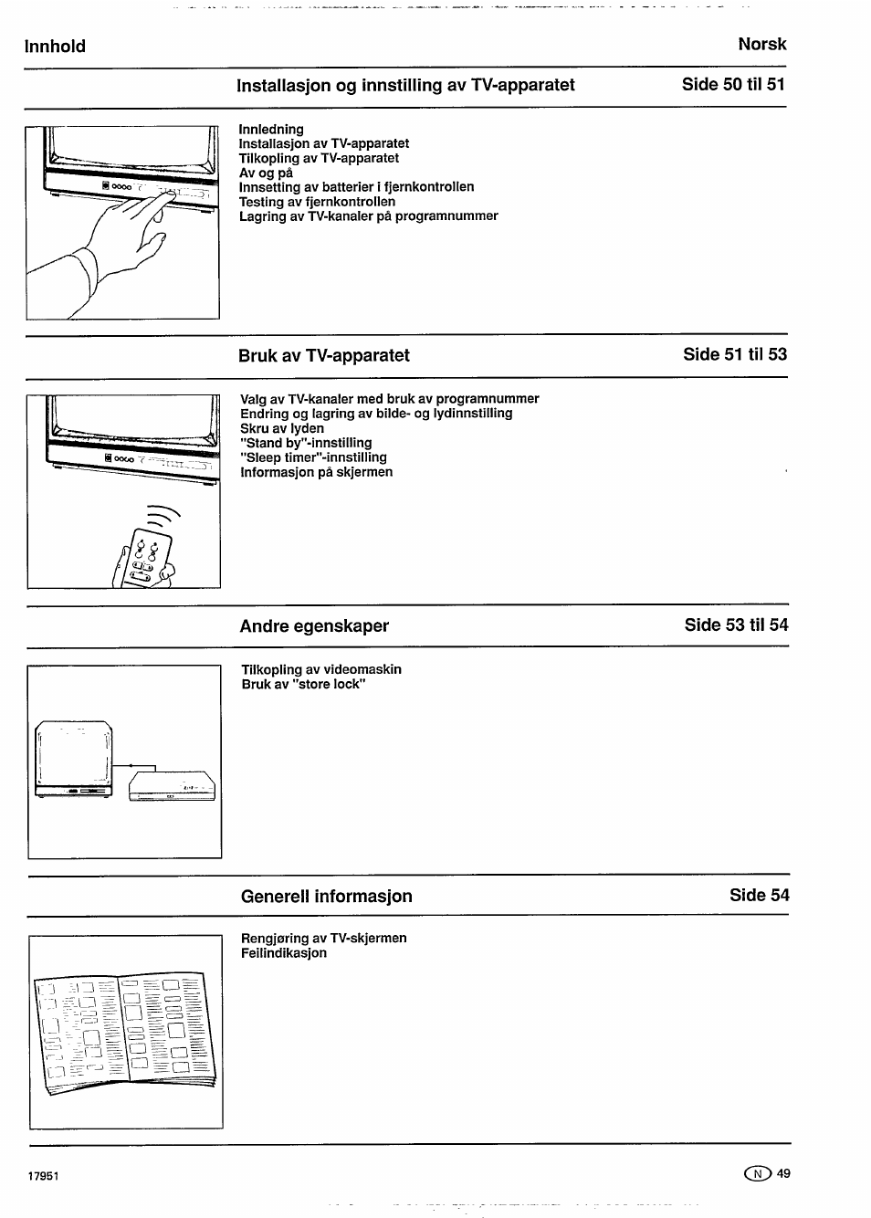 Innhold, Norsk, Installasjon og innstilling av tv-apparatet | Side 50 til 51, Bruk av tv-apparatet, Side 51 til 53, Andre egenskaper, Side 53 til 54, Generell informasjon | Philips 20GR1251 User Manual | Page 5 / 14